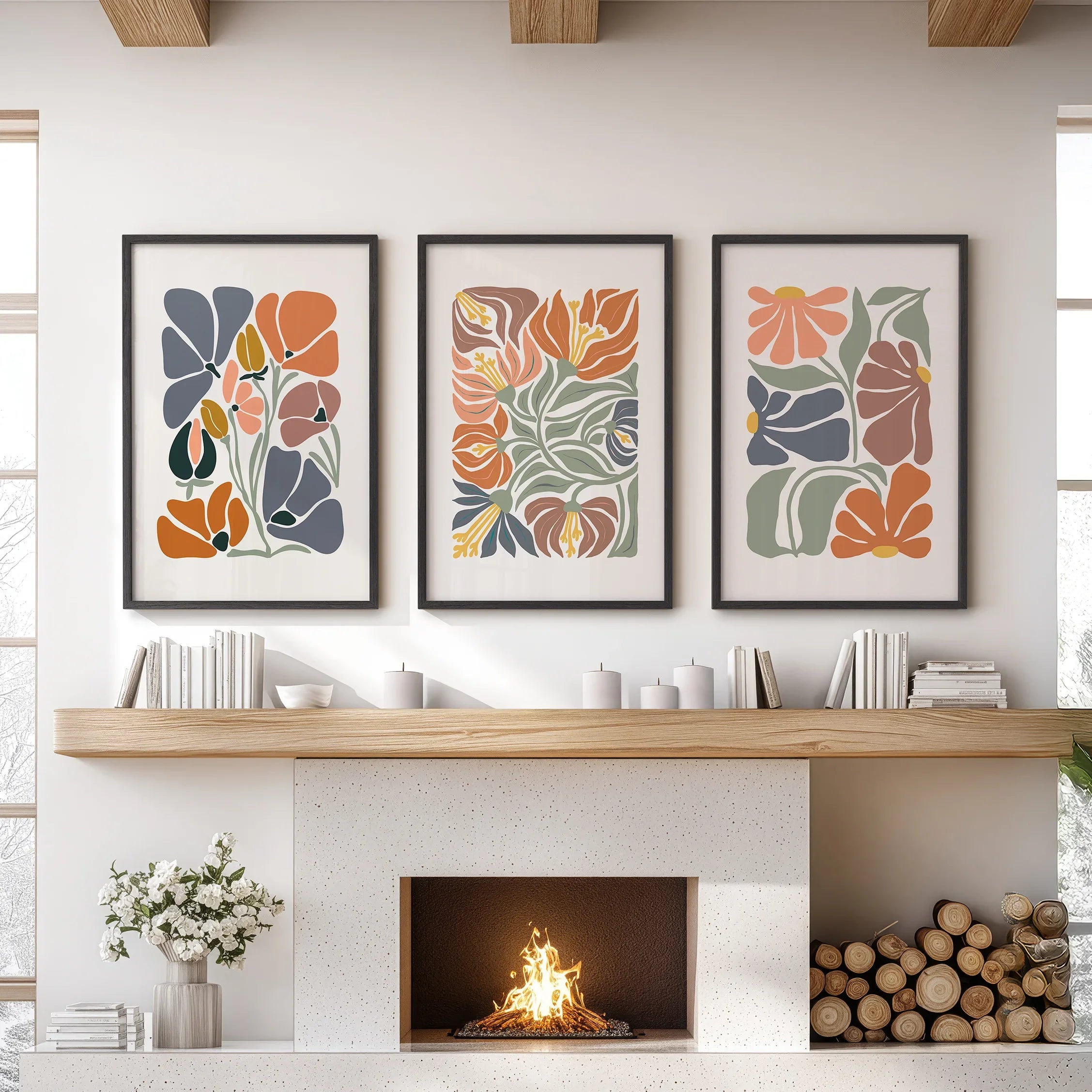 Boho Botanical Set of 3 Wall Art. Abstract Flowers Prints