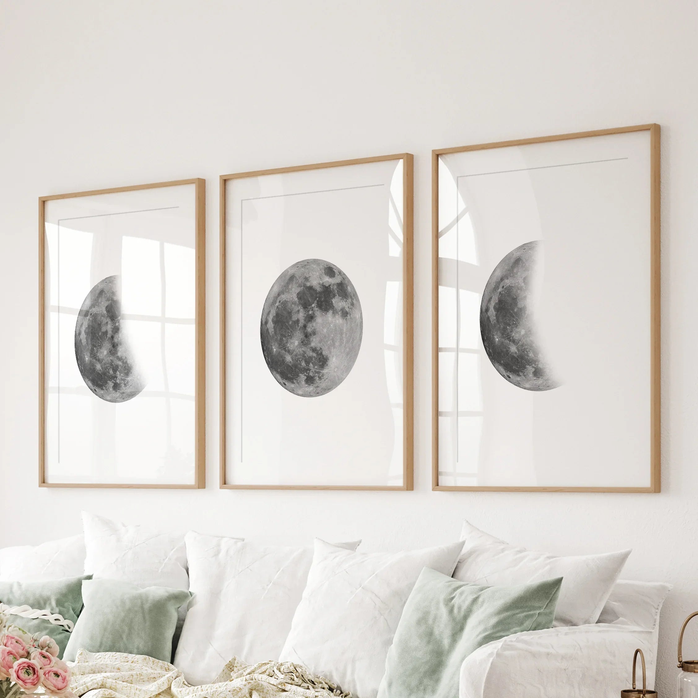 Moon Phases Set of 3 Prints. Black and White Lunar Cycle