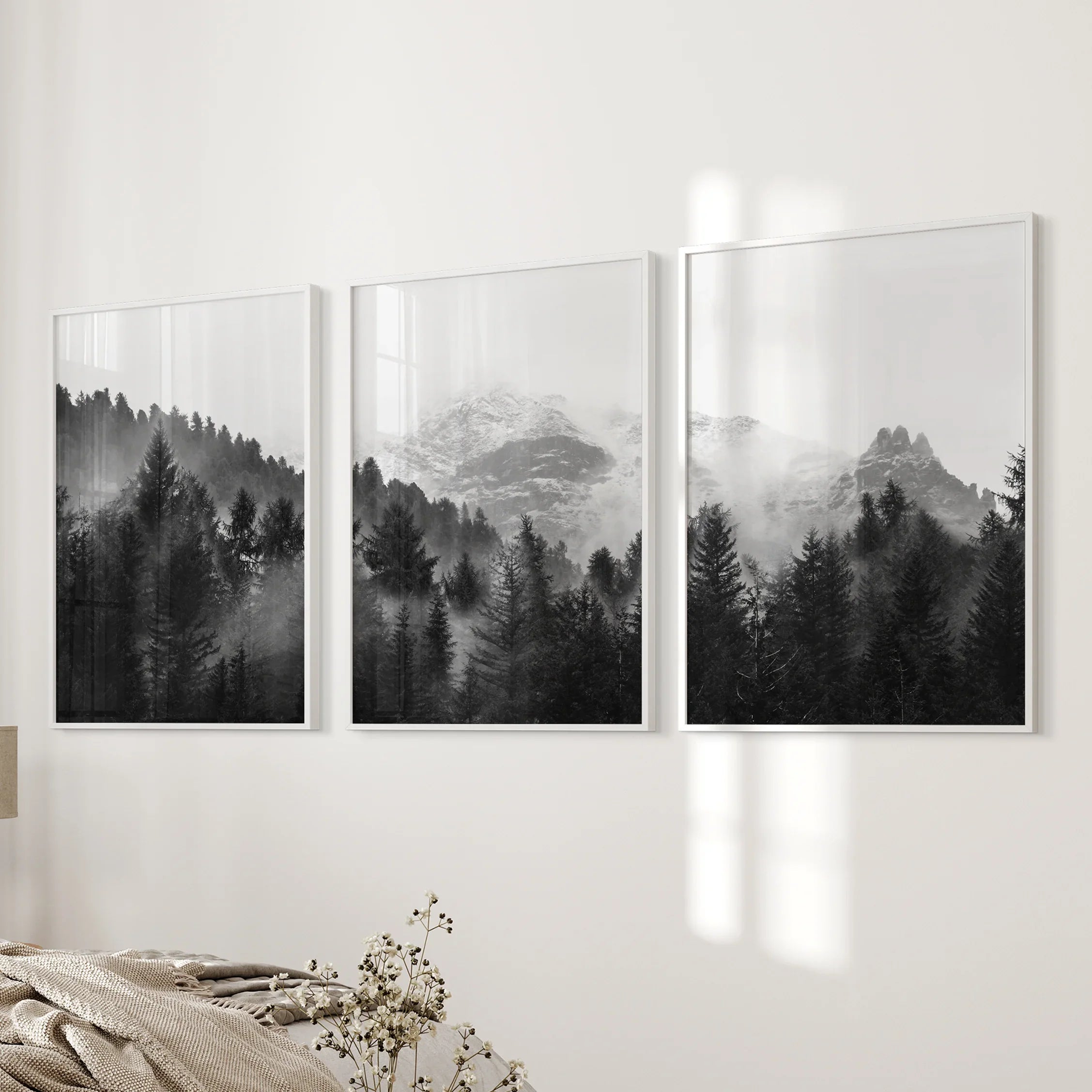 Black White Forest Triptych. Misty Mountains Nature Posters
