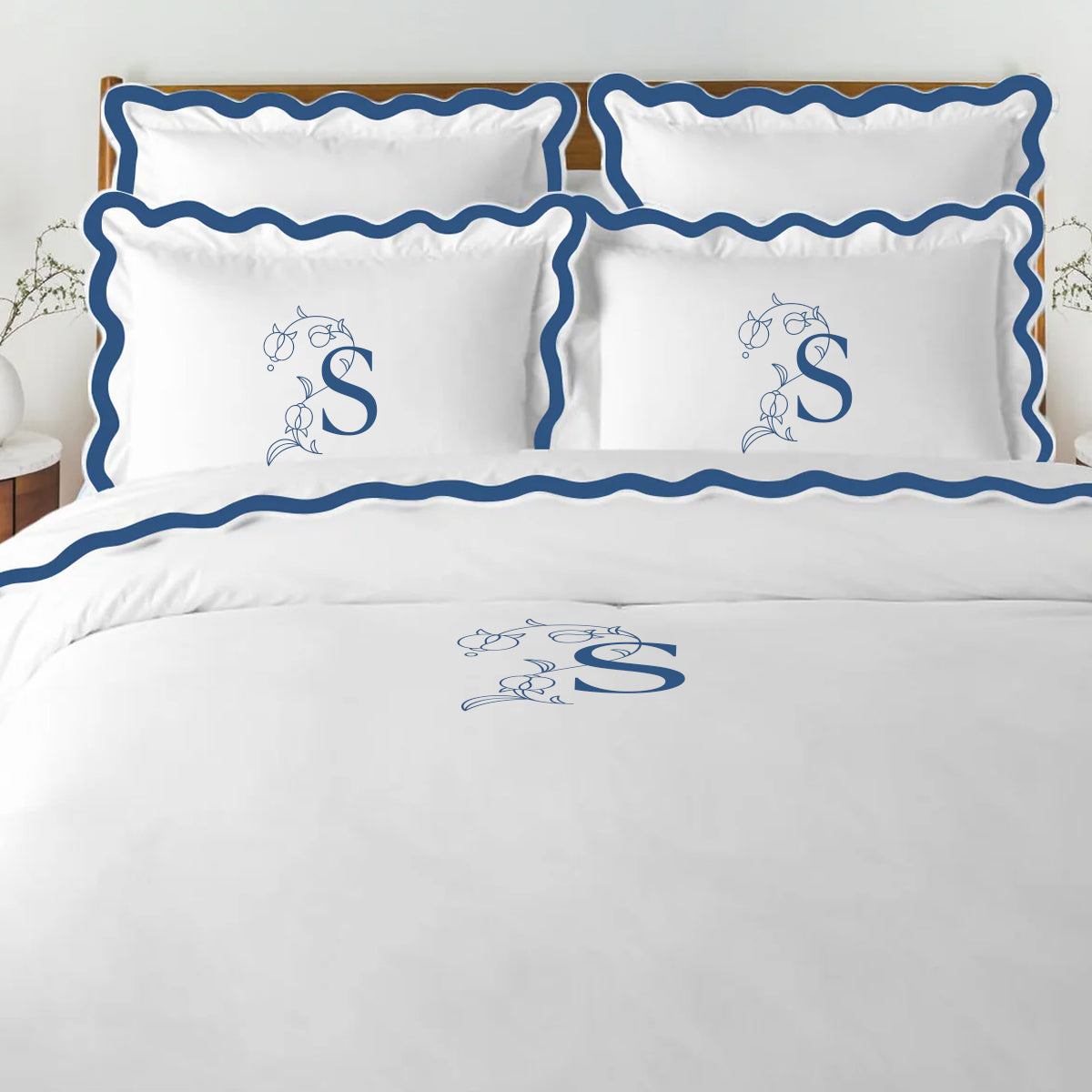 Monogram 400TC Applique Scalloped Embroidery Cotton Duvet Cover Set