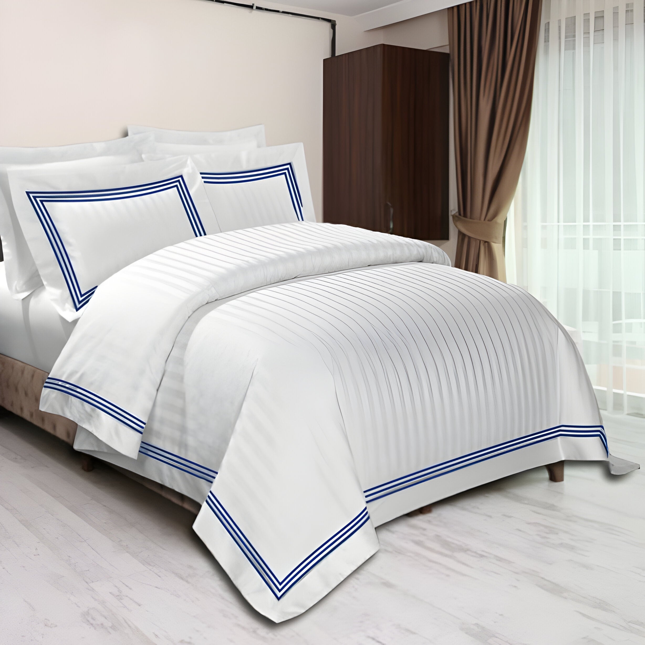 400TC Cotton Sateen Triple Edge Embroidery Stripe Duvet Cover Set