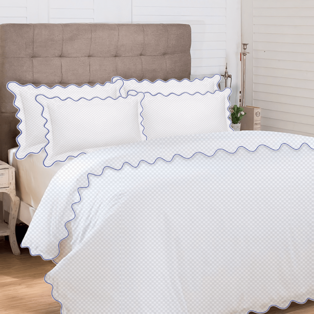 400TC Cotton Scallop Embroidery Sateen Microcheck Duvet Cover Set