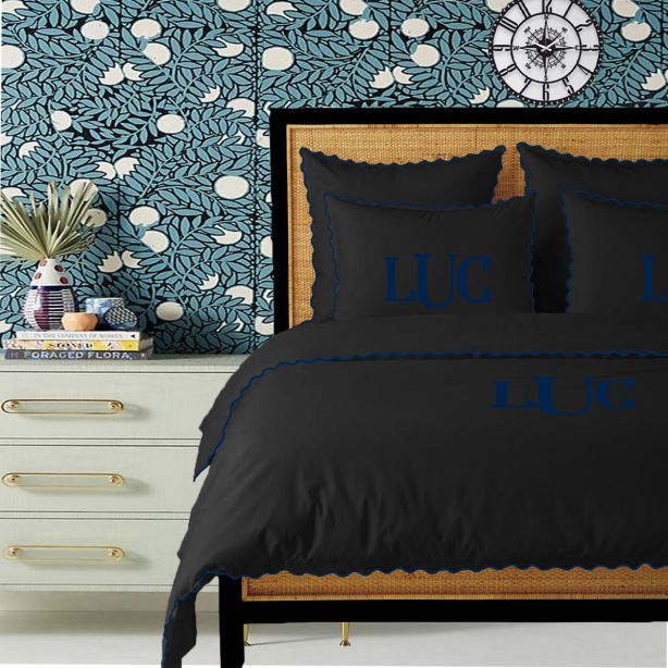 Monogram Black 400TC Cotton Small Scallop Embroidery Duvet Cover Set