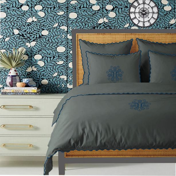 Monogram Dark Grey 400TC Cotton Small Scallop Embroidery Duvet Cover Set