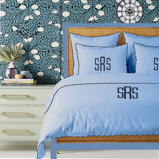 Monogram Light Blue 400TC Cotton Small Scallop Embroidery Duvet Cover Set