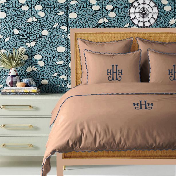 Monogram Taupe 400TC Cotton Small Scallop Embroidery Duvet Cover Set