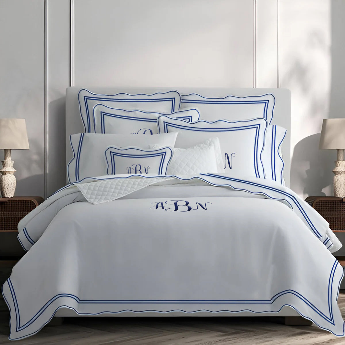 Monogram 400TC Wavy Embroidery & Border Cotton Sateen Solid Duvet Cover Set