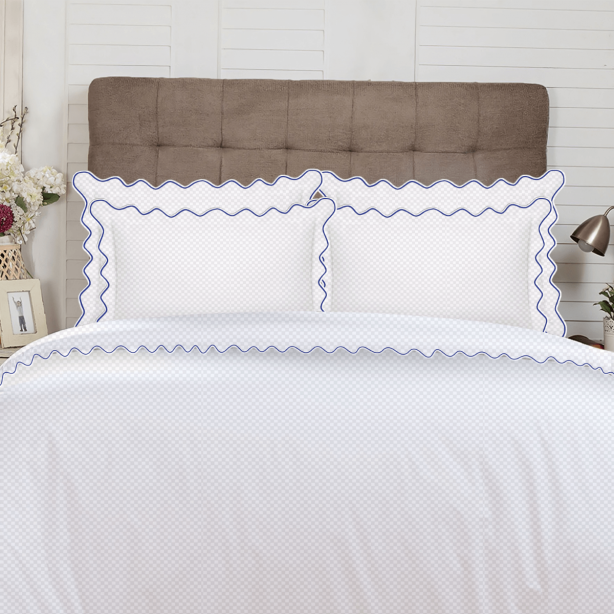 400TC Cotton Scallop Embroidery Sateen Microcheck Duvet Cover Set