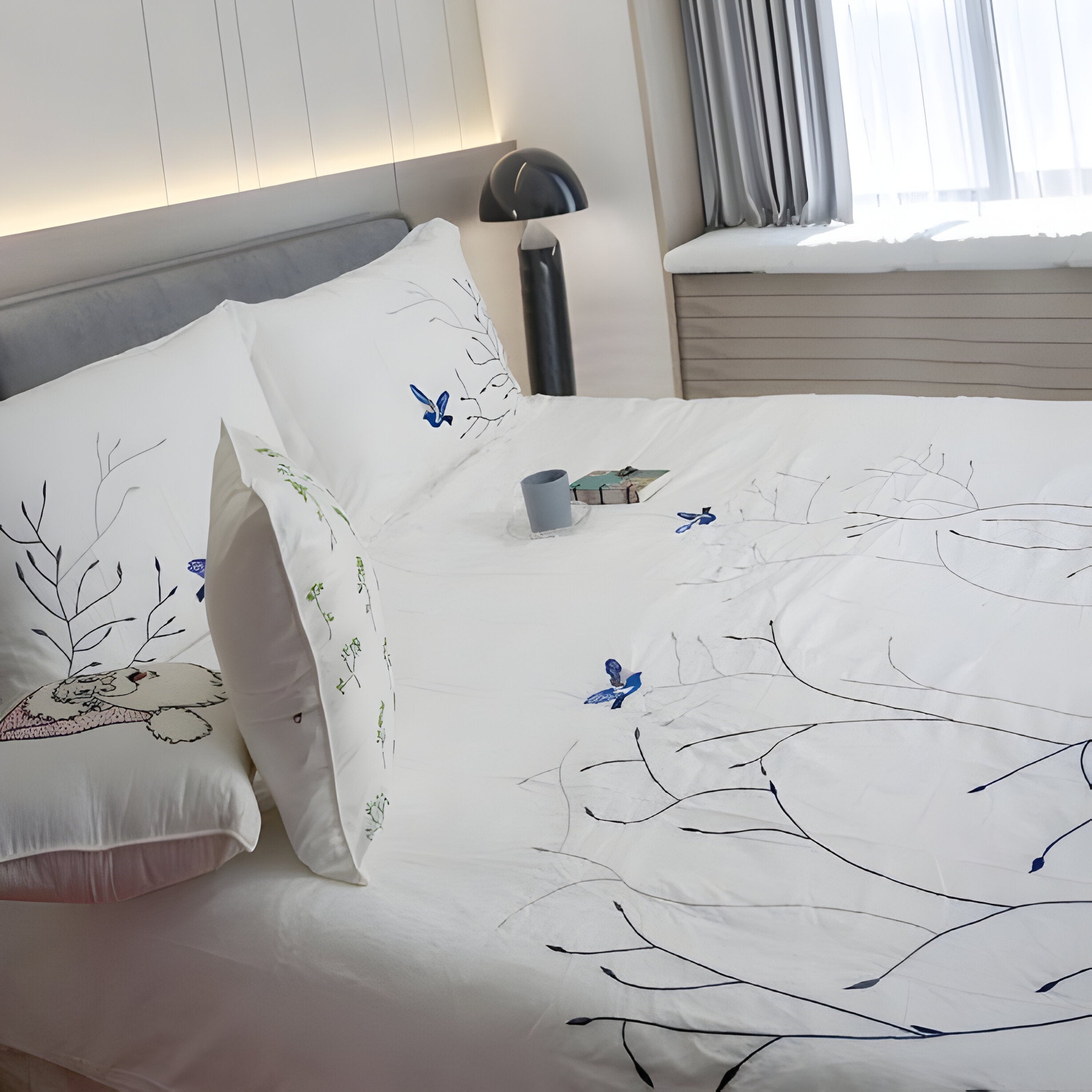 Swallow Embroidered Cotton Sateen Duvet Cover Set
