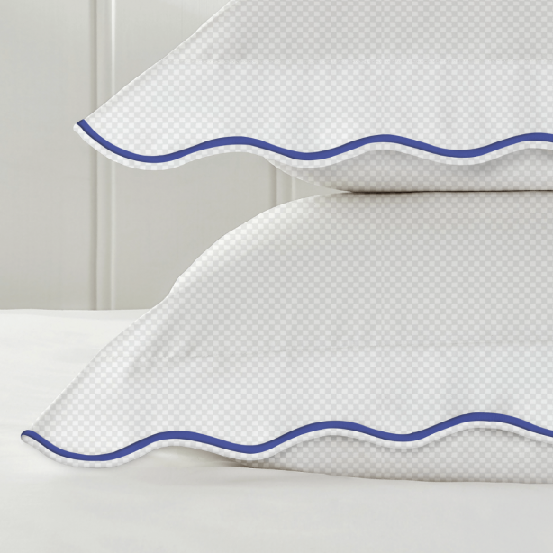 400TC Cotton Scallop Embroidery Sateen Microcheck Duvet Cover Set