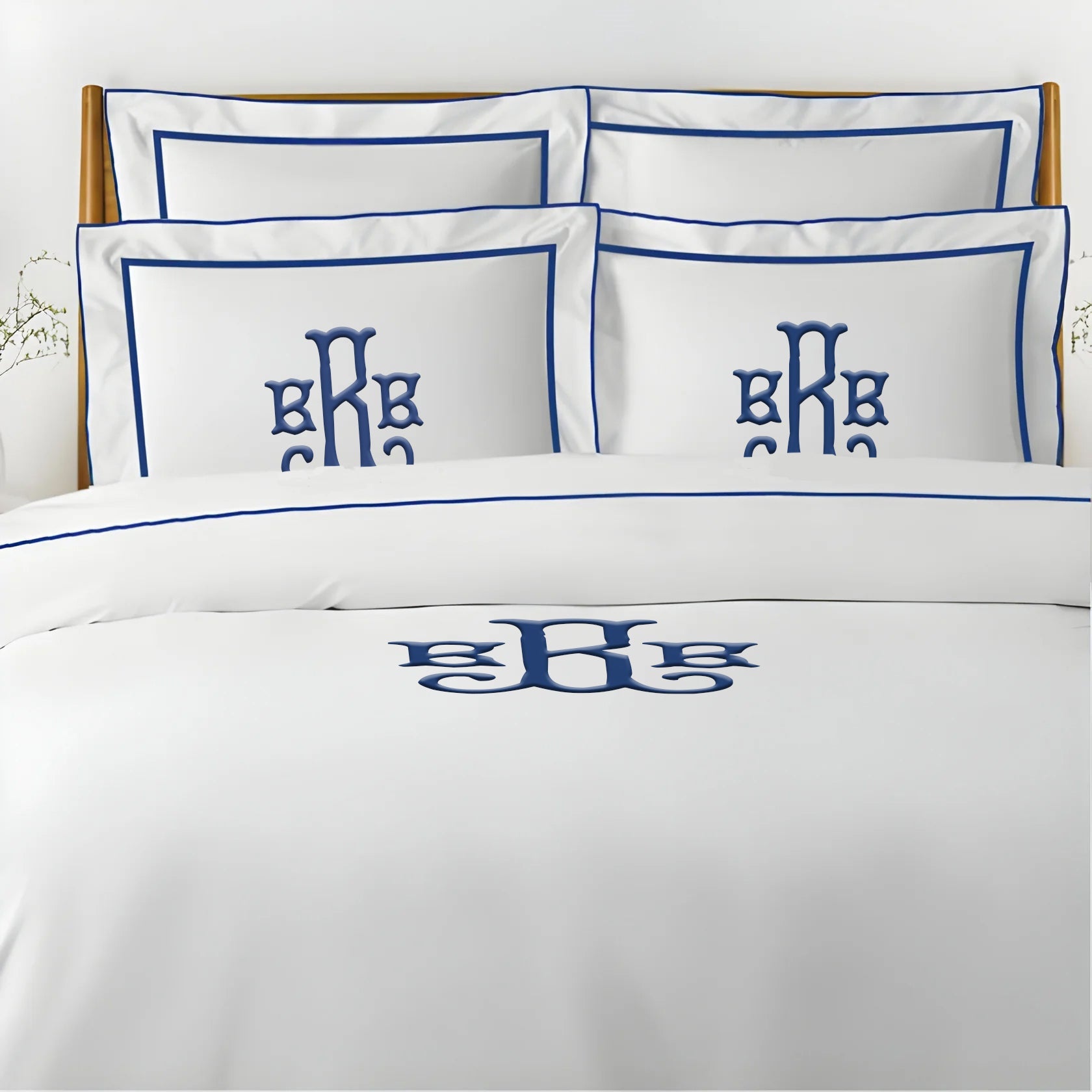 Monogram Embroidery & Border Cotton Sateen Solid Duvet Cover Set