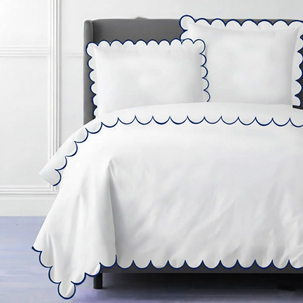 Allena 400TC Cotton Scallop Embroidery Sateen Solid Duvet Cover Set
