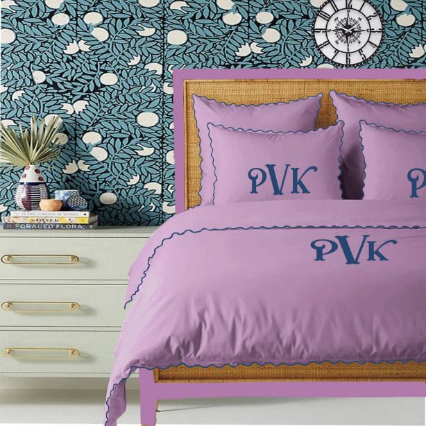 Monogram Lilac 400TC Cotton Small Scallop Embroidery Duvet Cover Set
