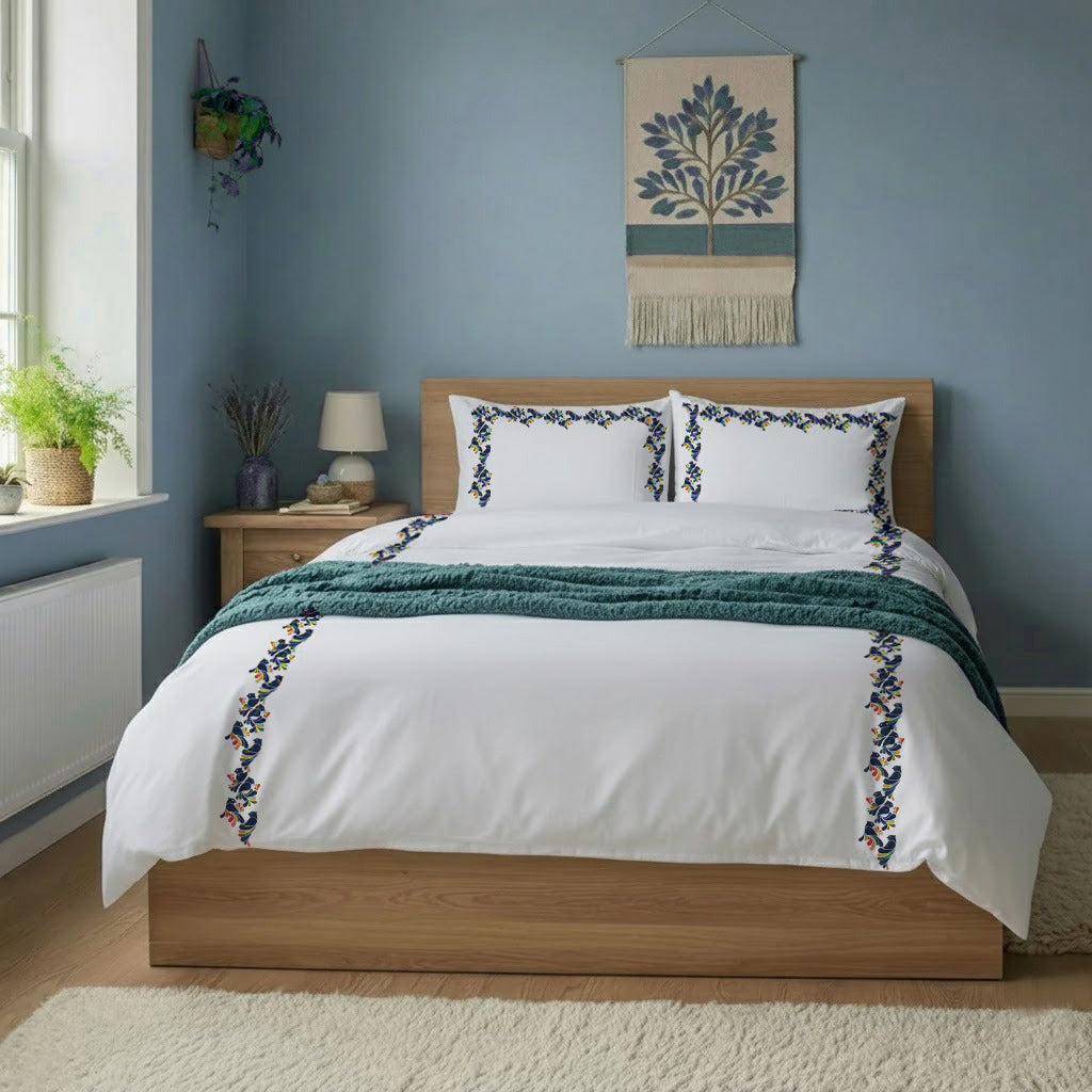 Bird Embroidered Cotton Duvet Cover Set