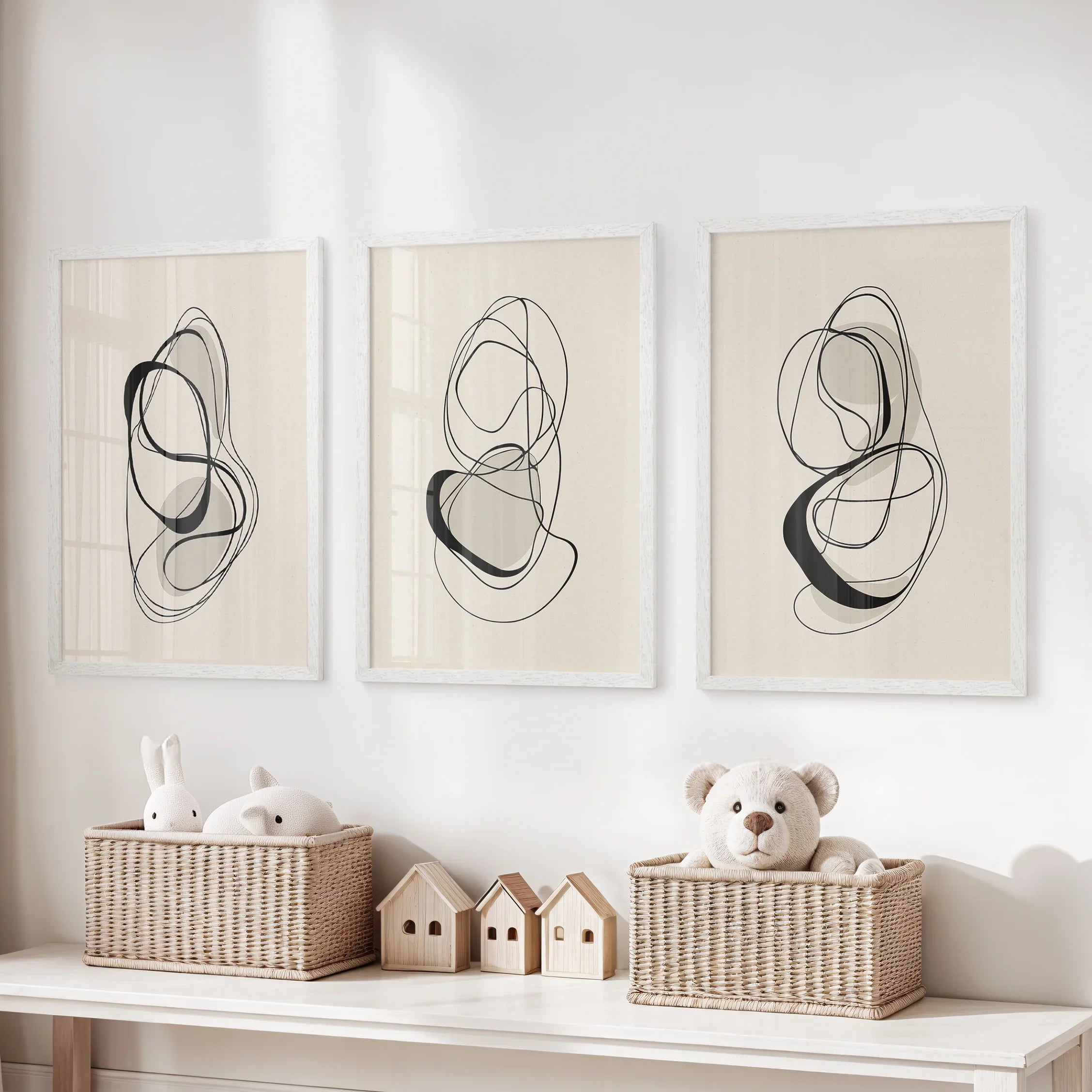 Black and Beige Abstract Set of 3 Wall Art. Minimalist Lines