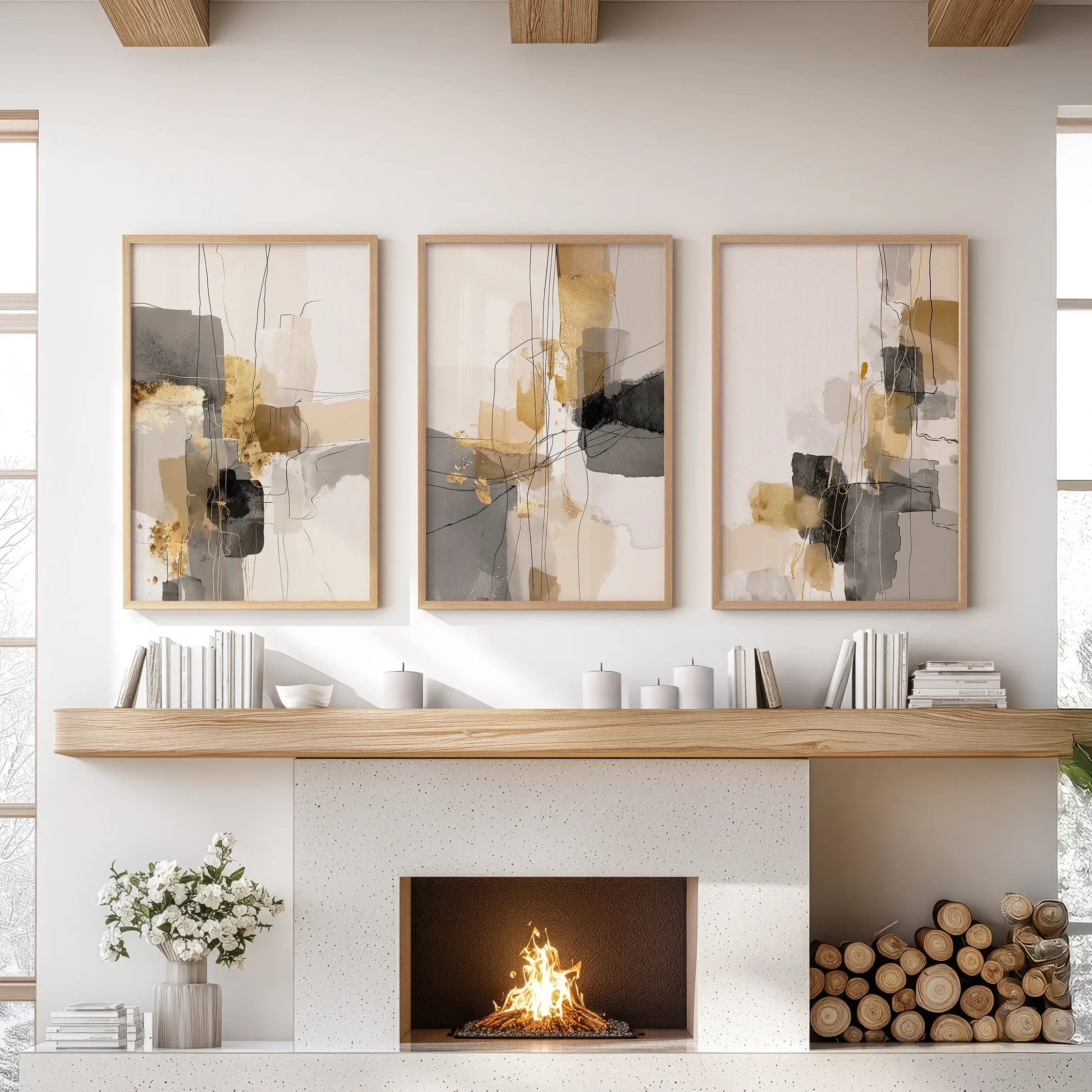 Neutral Abstract Wall Art Set of 3. Beige, Gray, Gold Prints