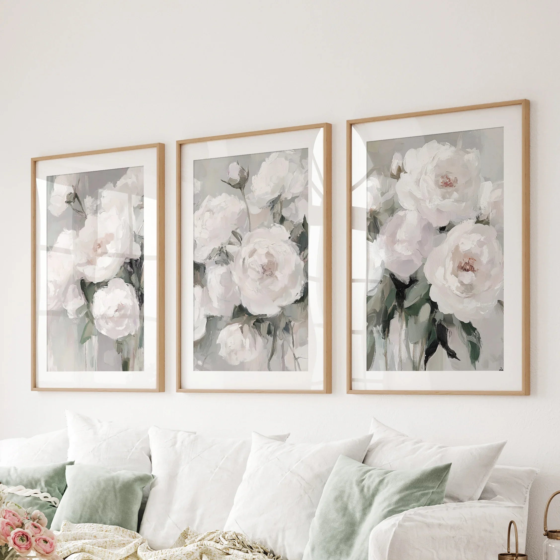 Romantic White Flower 3 Piece Wall Art. Peony Painting Print