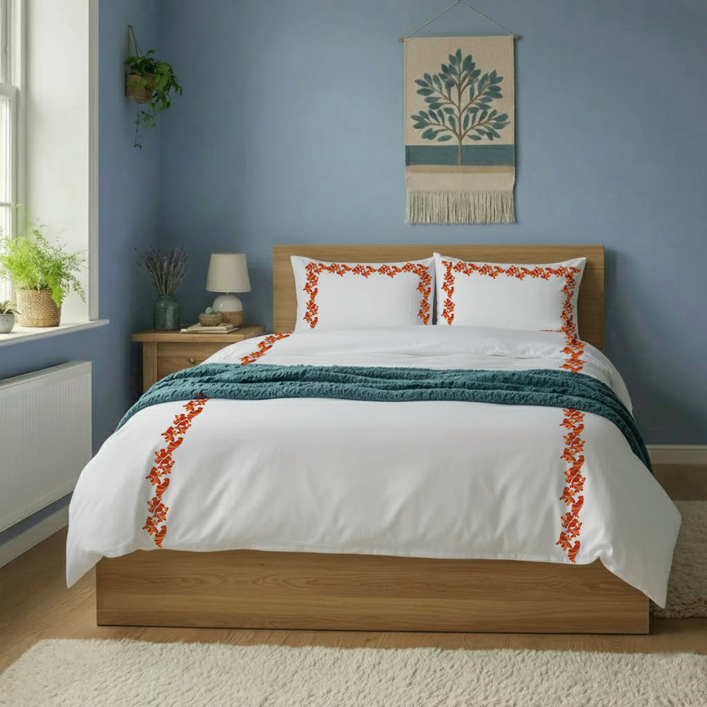 Bird Embroidered Cotton Duvet Cover Set