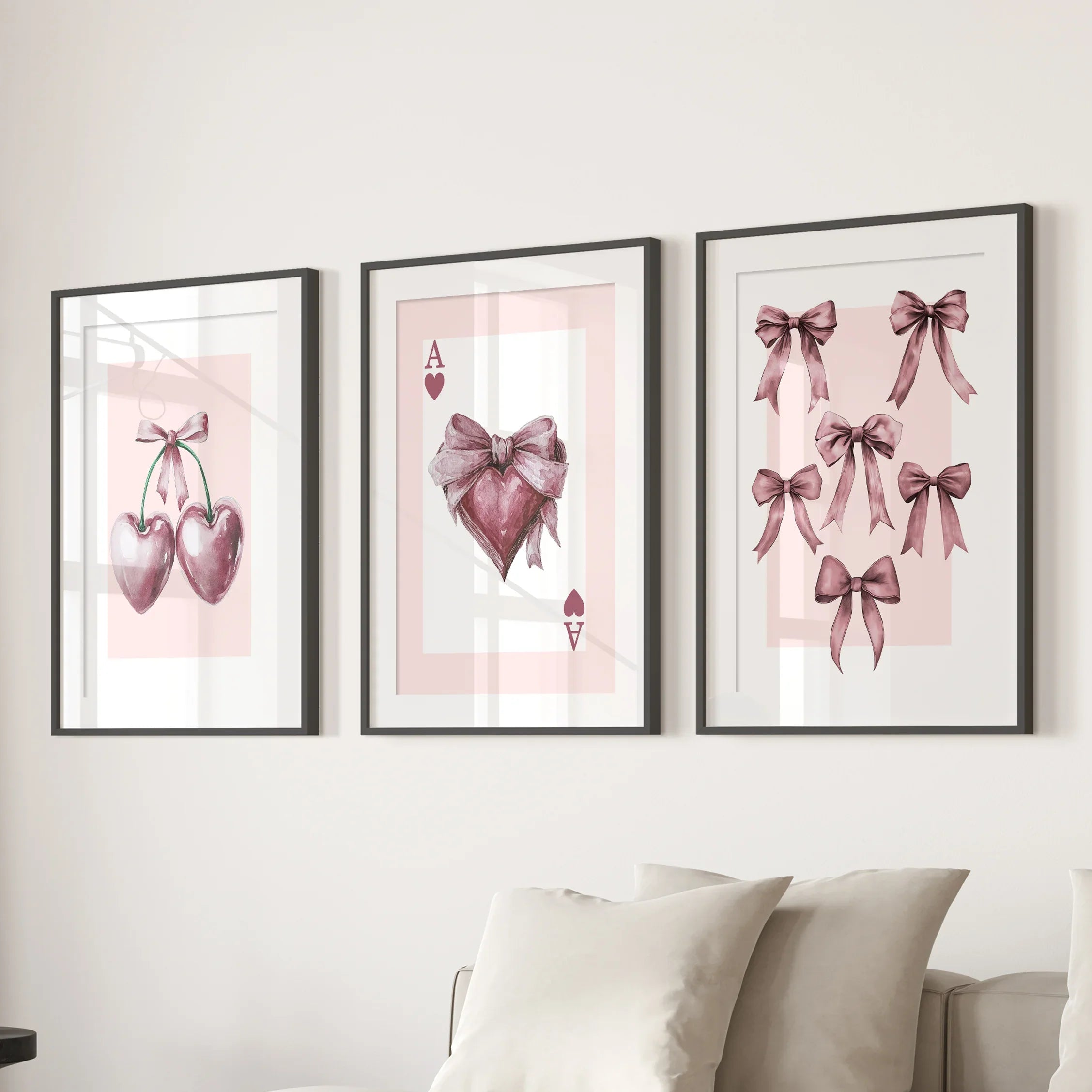 Coquette Cherry Wall Art Set of 3. Pink Romantic Decor