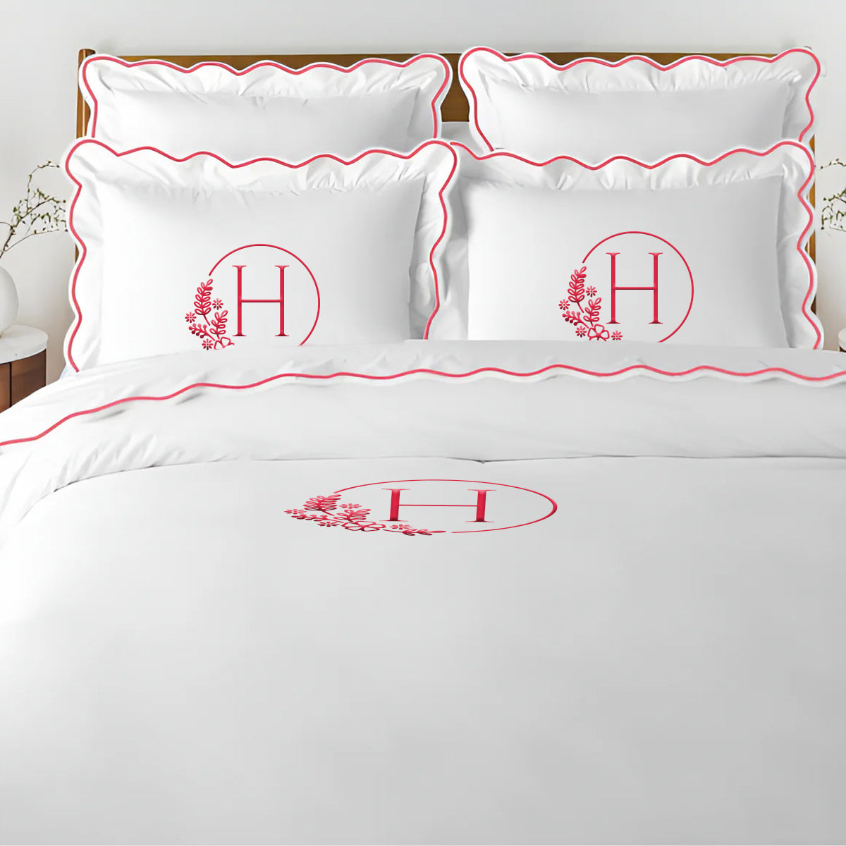 Monogram 400TC Cotton Scallop Embroidery Sateen Solid Duvet Cover Set