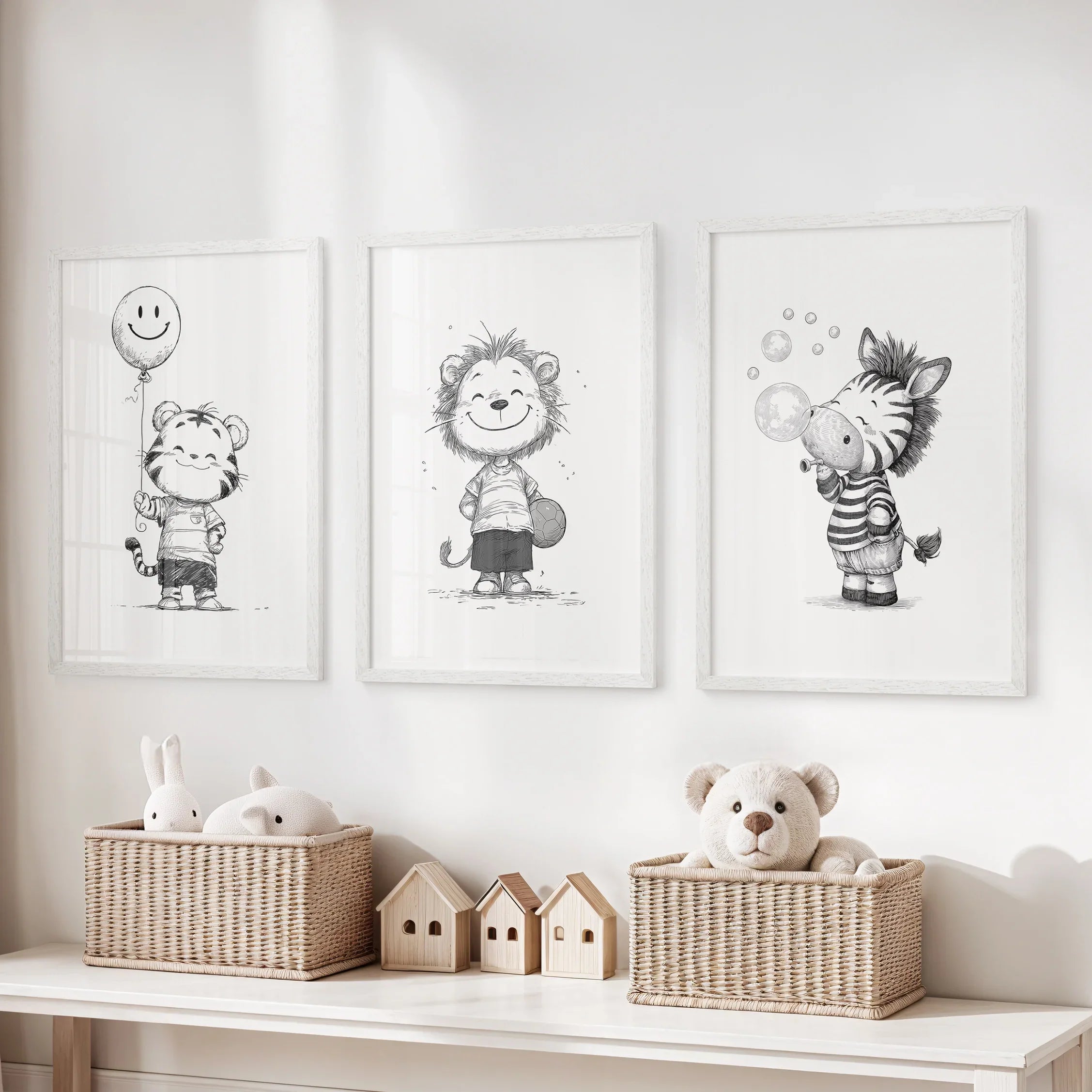Black White Gender-Neutral Nursery Art Set. Lion Tiger Zebra