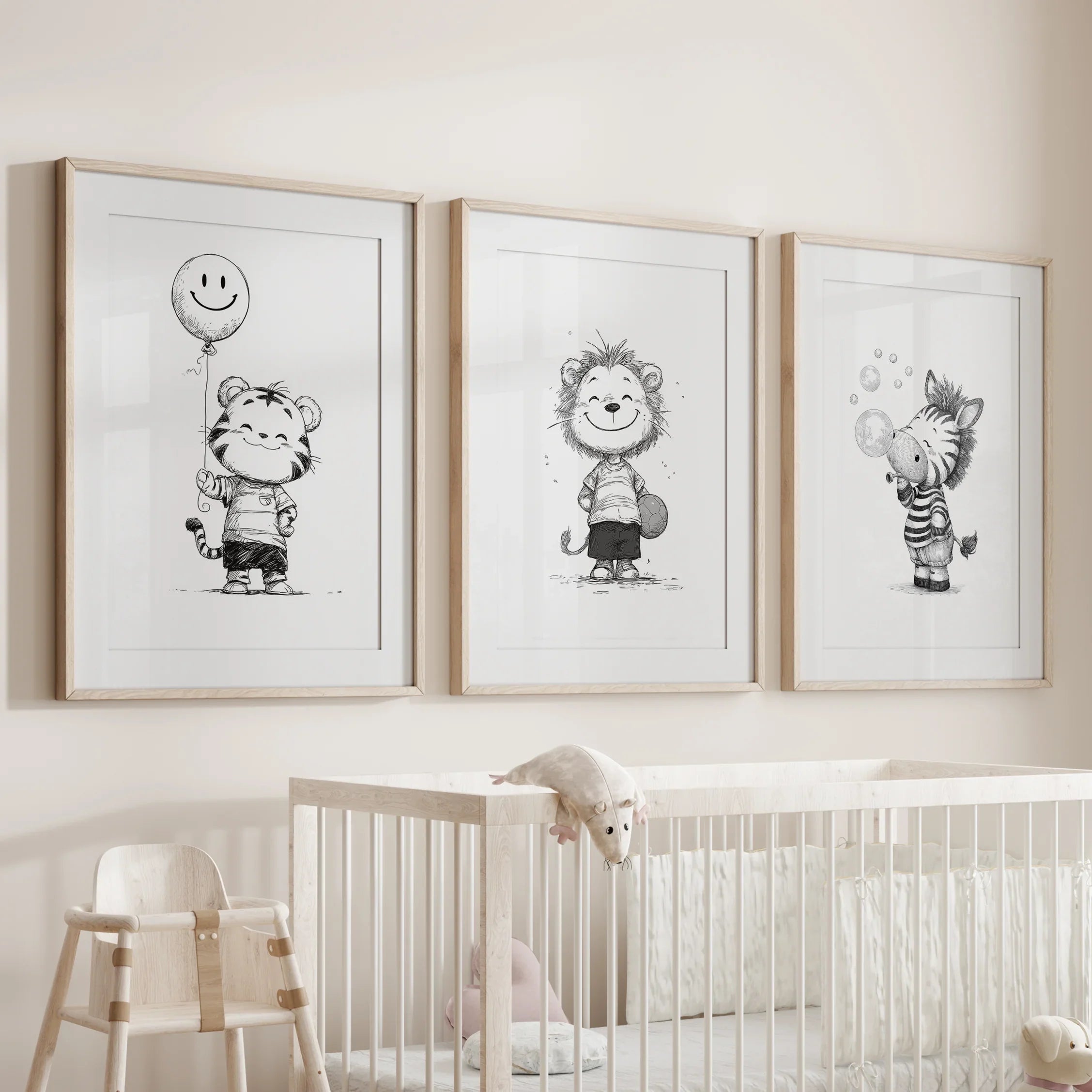 Black White Gender-Neutral Nursery Art Set. Lion Tiger Zebra