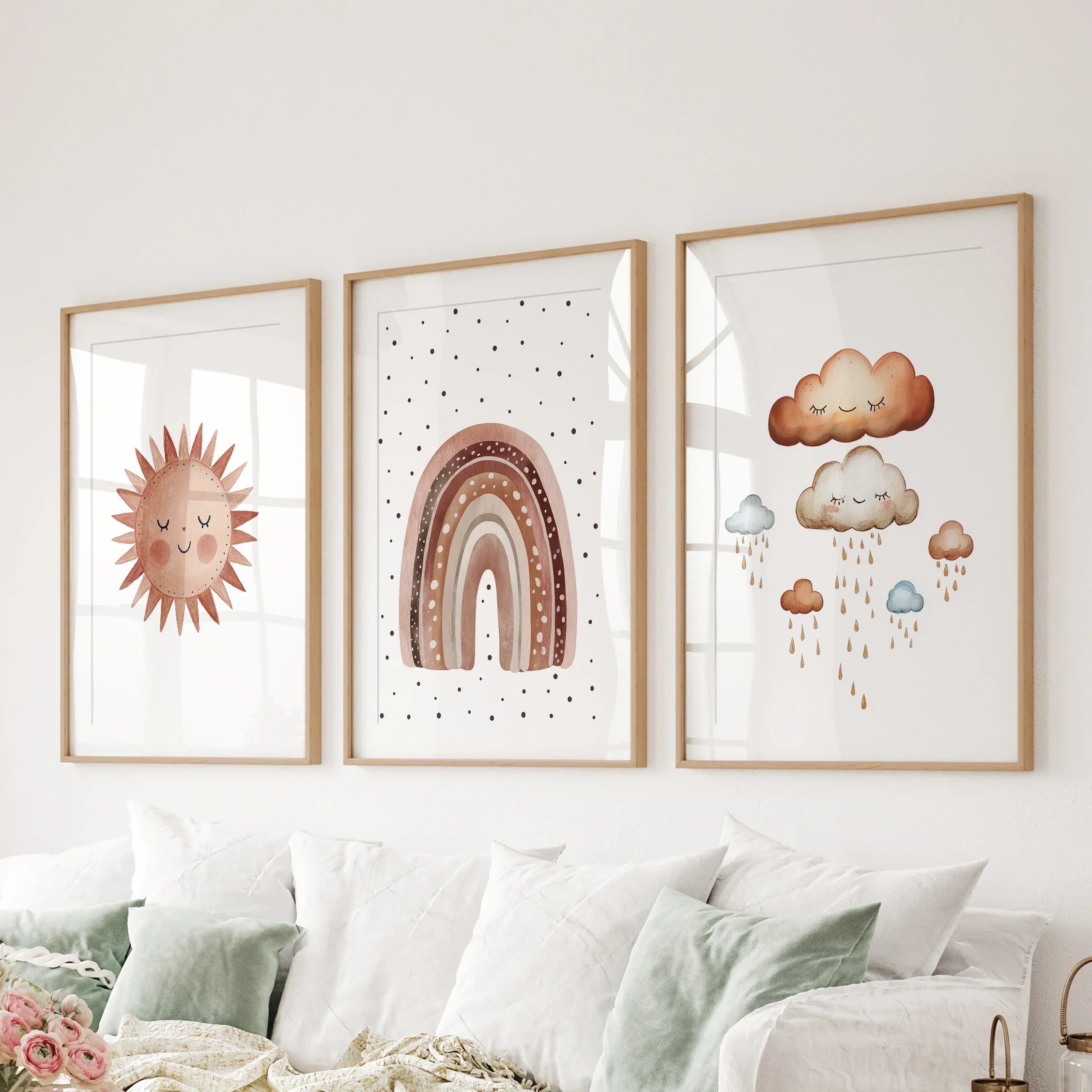 Minimalist Baby Room Wall Art Set of 3. Earthy Rainbow Theme
