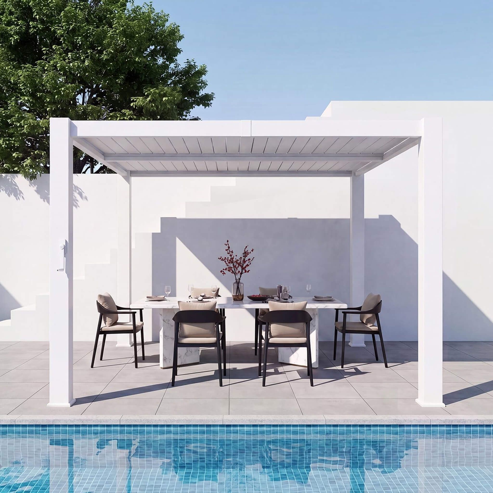 Alora Premium White Outdoor Metal Louvered Pergola With Drainage System (SAK87265)