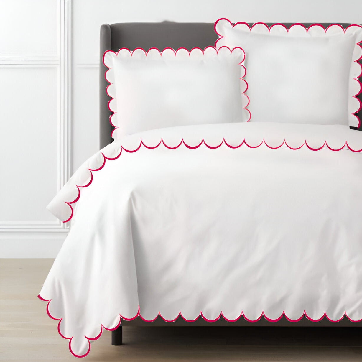 Allena 400TC Cotton Scallop Embroidery Sateen Solid Duvet Cover Set
