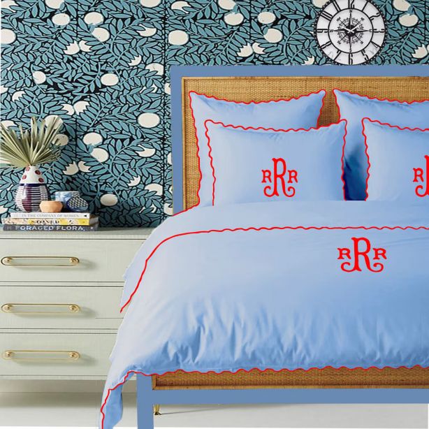 Monogram Light Blue 400TC Cotton Small Scallop Embroidery Duvet Cover Set