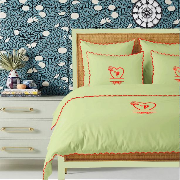 Monogram Sage 400TC Cotton Small Scallop Embroidery Duvet Cover Set