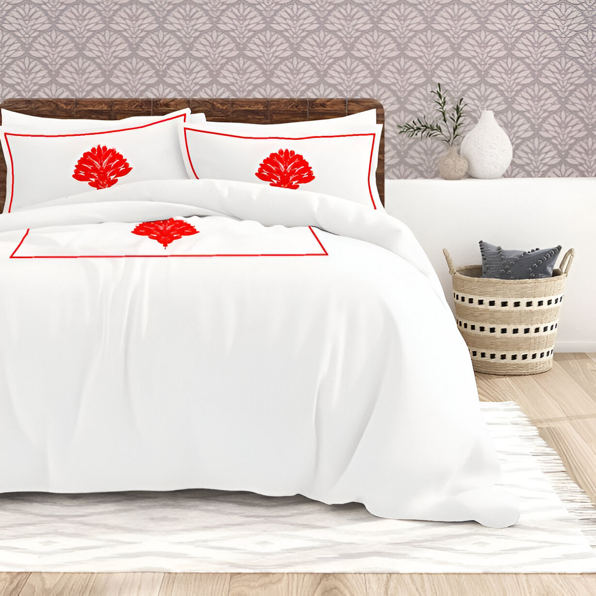 Leafy Embroidered Cotton Sateen Duvet Cover Set