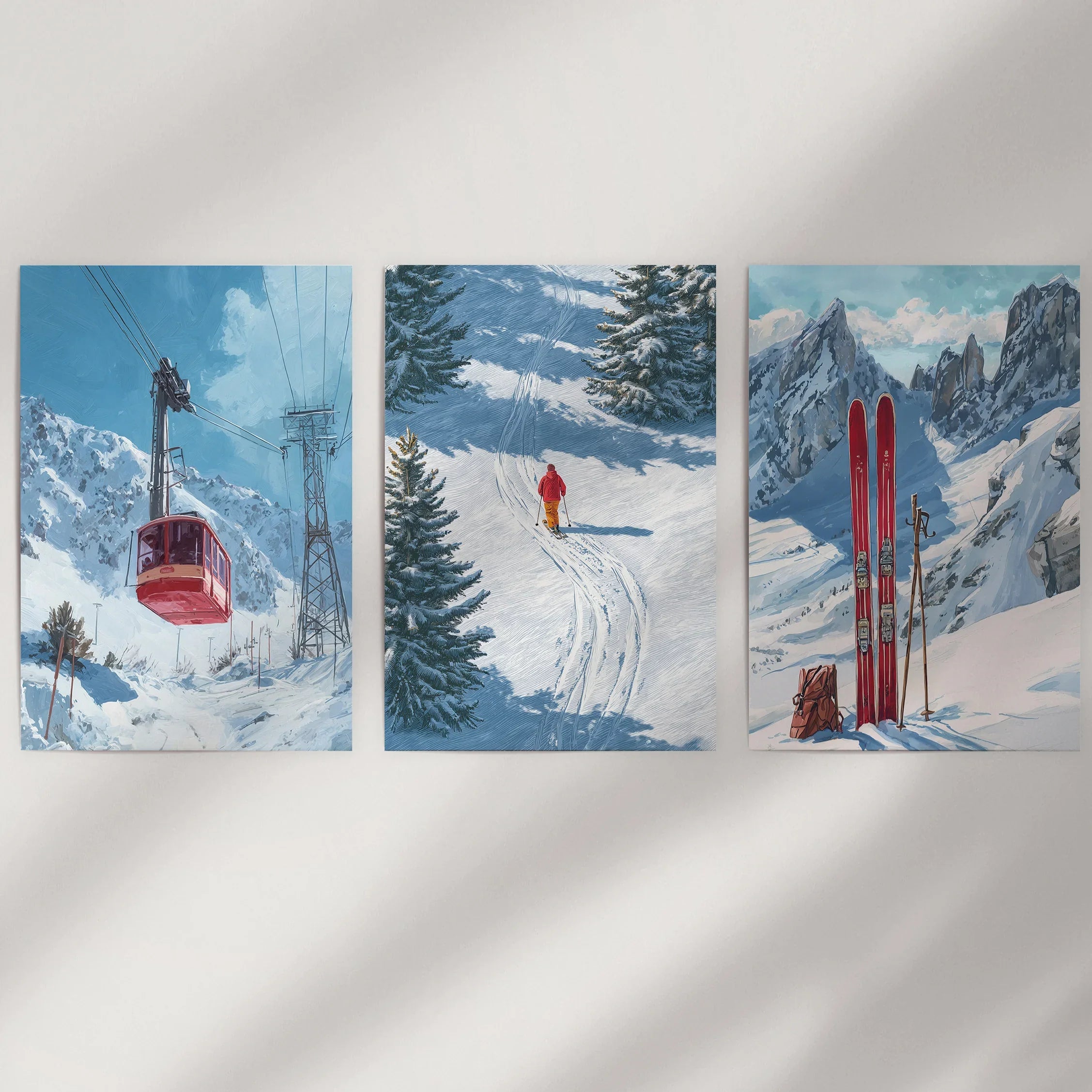 Snowy Mountain Wall Art Set: Skier, Red Skis, Snowy Trees