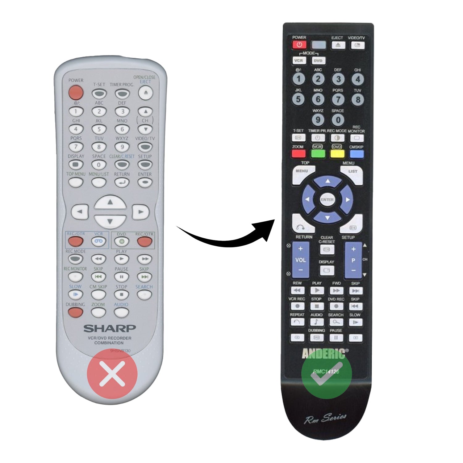 Anderic RMC14126 Replacement DVD/VCR Recorder Remote Control for Sharp, Sylvania, Emerson, and Symphonic | 9HSNB130UD 9HSNB114
