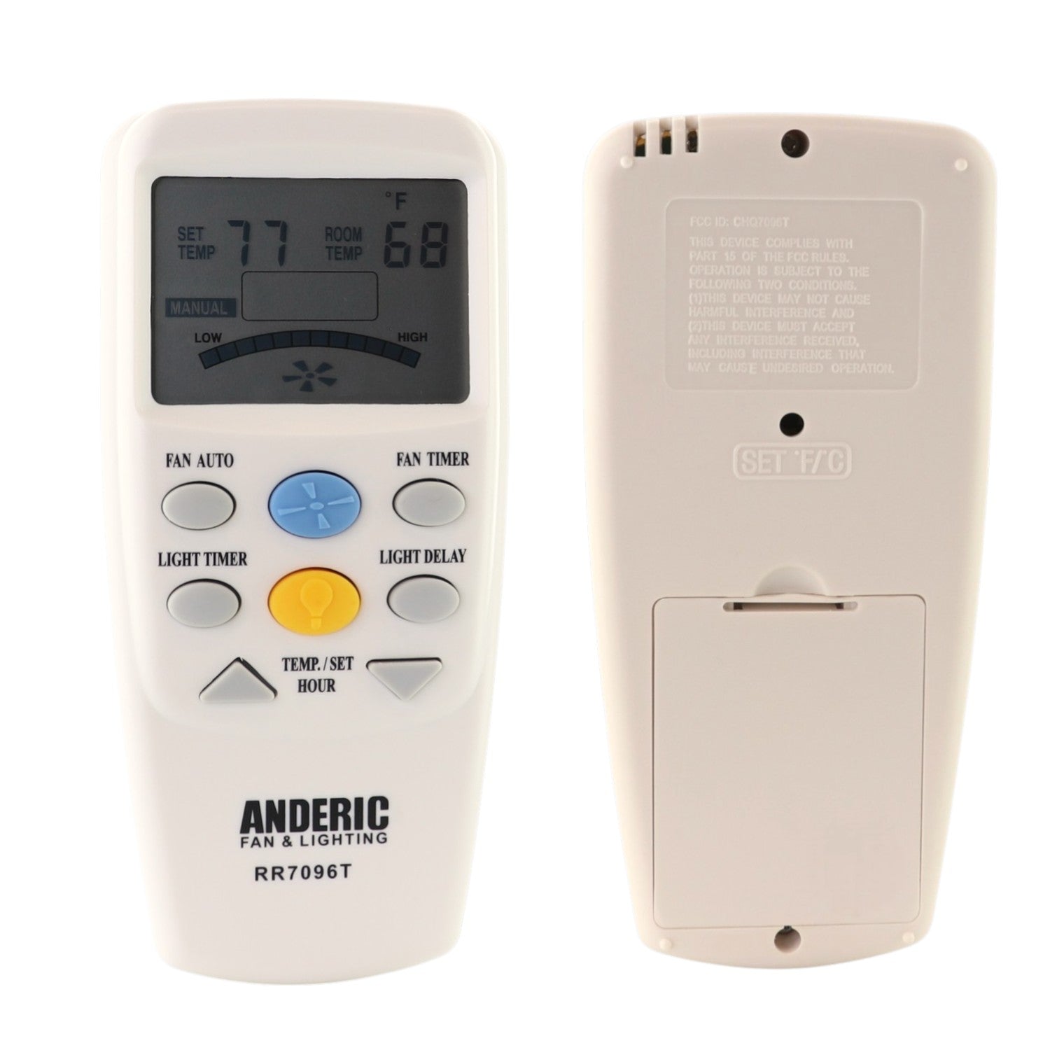 Anderic RR7096T Thermostatic Ceiling Fan Remote Control with Fan Timer Key | 303 MHz | CHQ7096T, CHQ8BT7096T