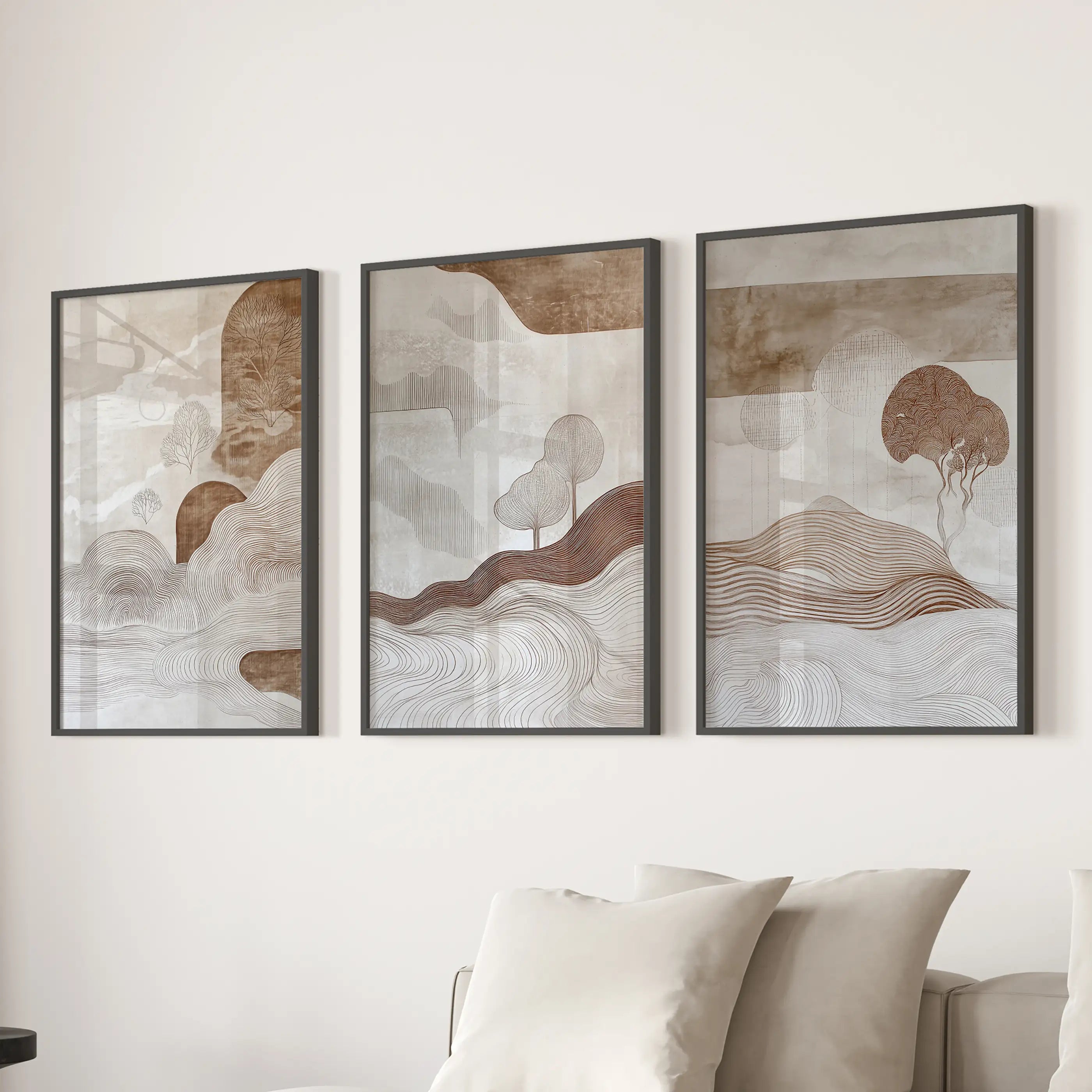 Wabi Sabi Line Art Set of 3 Prints. Earth Tones Landscape