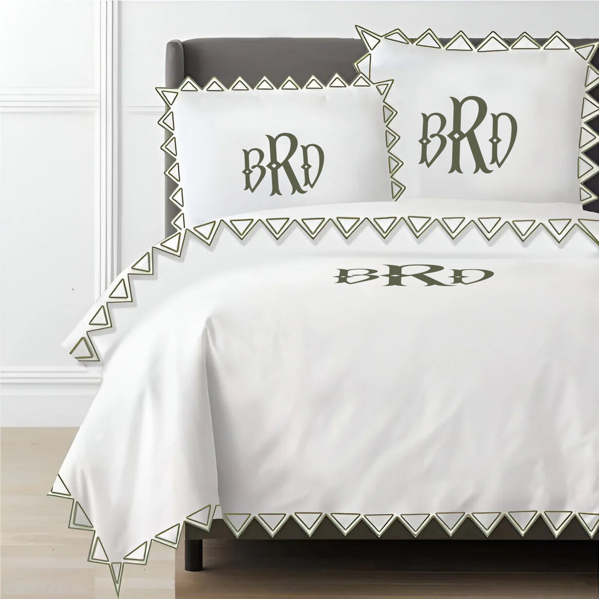 Monogram Ashley 400TC Cotton Traingle Embroidery Sateen Solid Duvet Cover Set