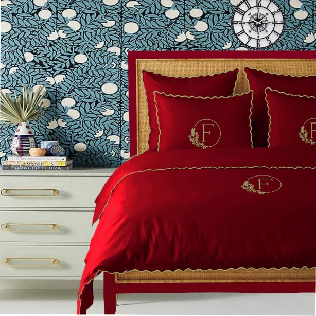 Monogram Burgundy 400TC Cotton Small Scallop Embroidery Duvet Cover Set
