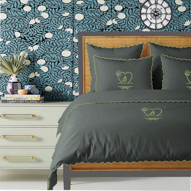 Monogram Dark Grey 400TC Cotton Small Scallop Embroidery Duvet Cover Set