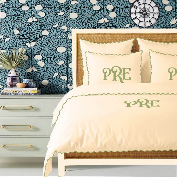 Monogram Ivory 400TC Cotton Small Scallop Embroidery Duvet Cover Set