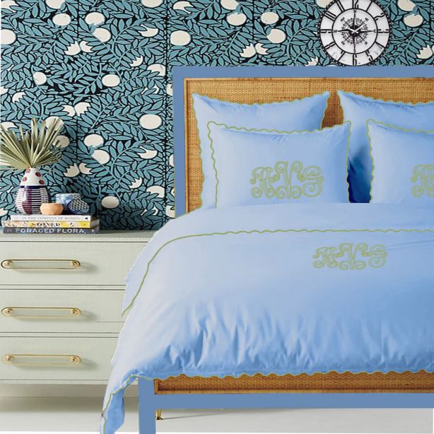 Monogram Light Blue 400TC Cotton Small Scallop Embroidery Duvet Cover Set