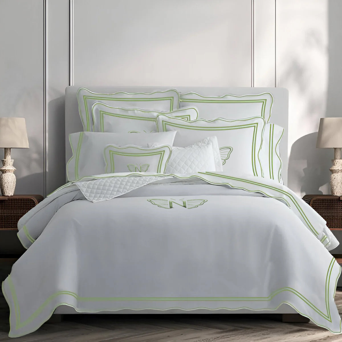 Monogram 400TC Wavy Embroidery & Border Cotton Sateen Solid Duvet Cover Set