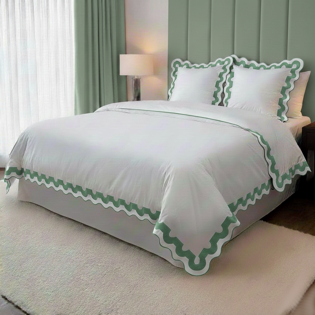 400TC U Shape Applique Scalloped Embroidery Cotton Duvet Cover Set