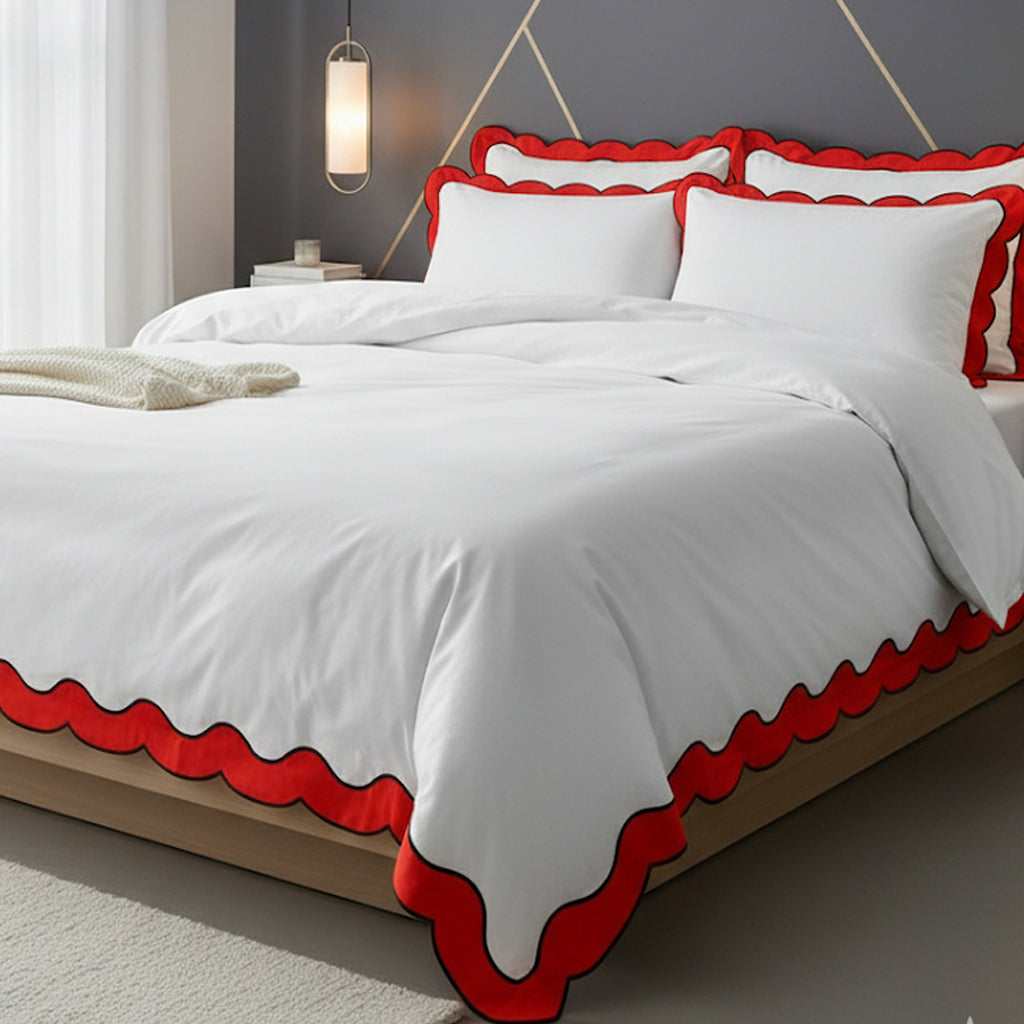 Scalloped & Wavy Applique Embroidery Cotton Duvet Cover Set