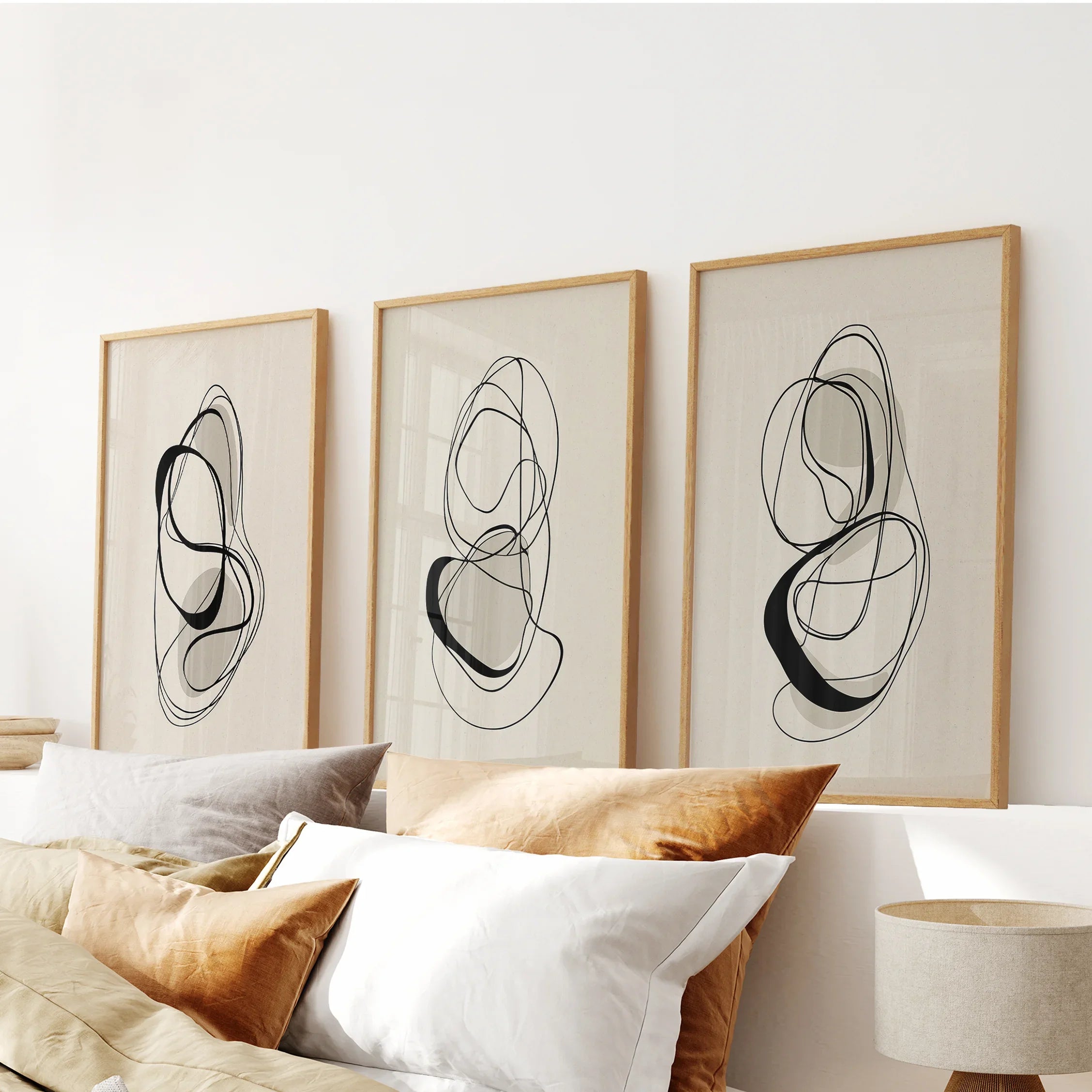 Black and Beige Abstract Set of 3 Wall Art. Minimalist Lines