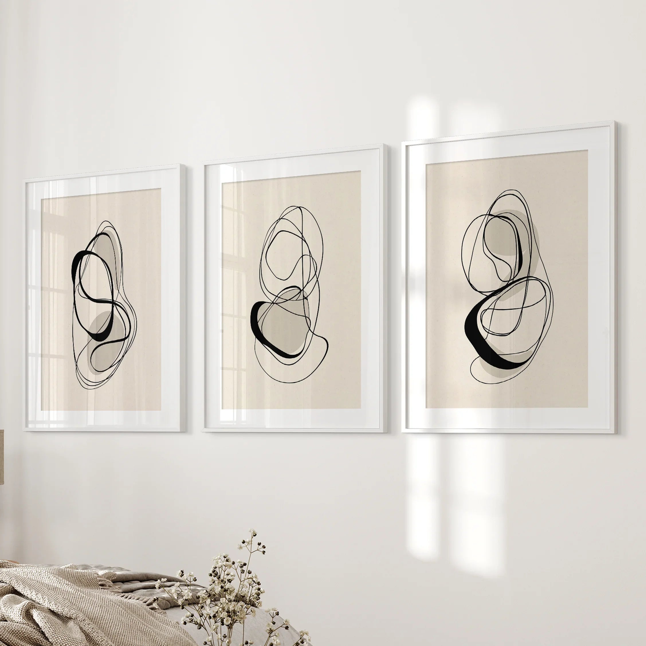 Black and Beige Abstract Set of 3 Wall Art. Minimalist Lines