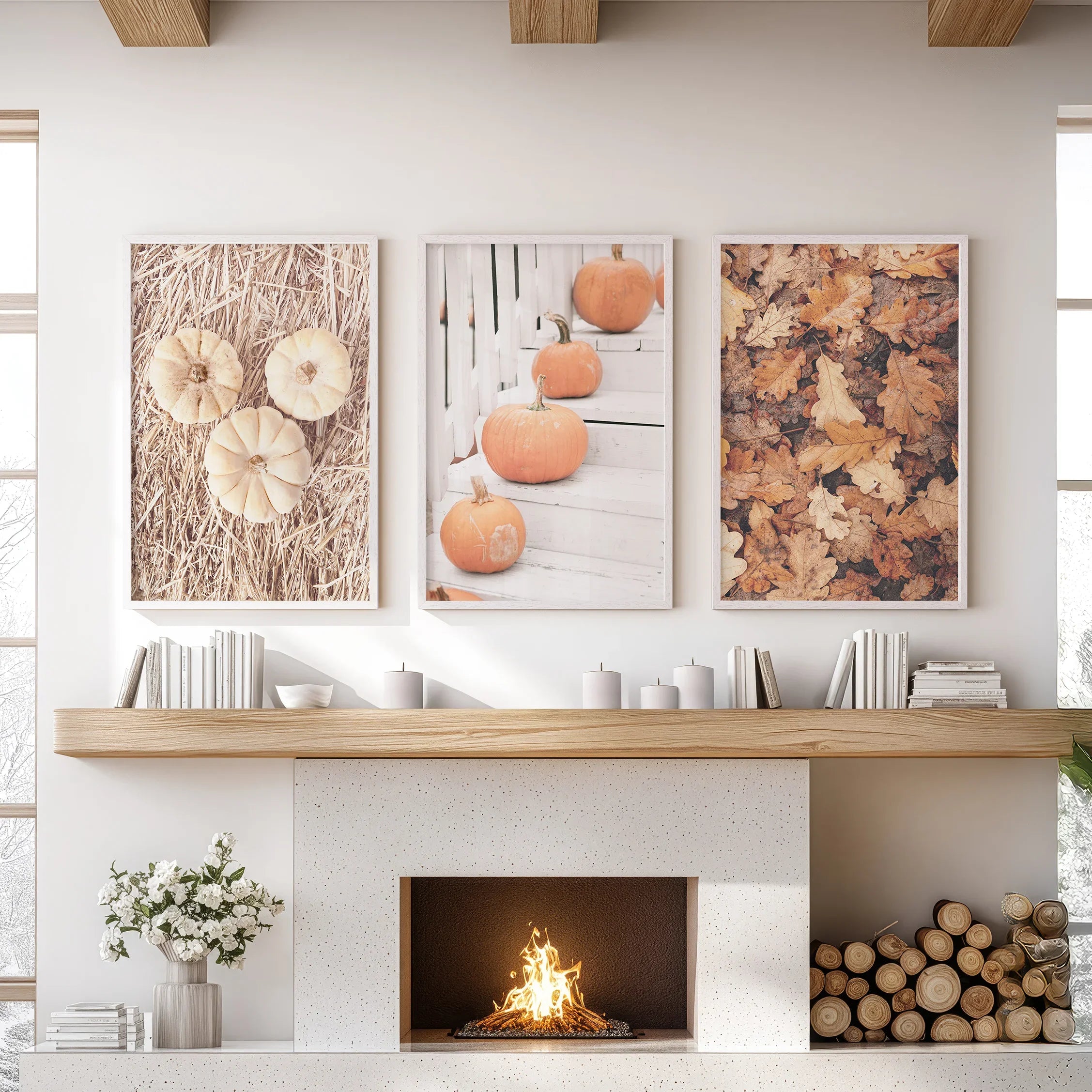 Cozy Fall Wall Art Set of 3. Pumpkins and Autumn Leaves