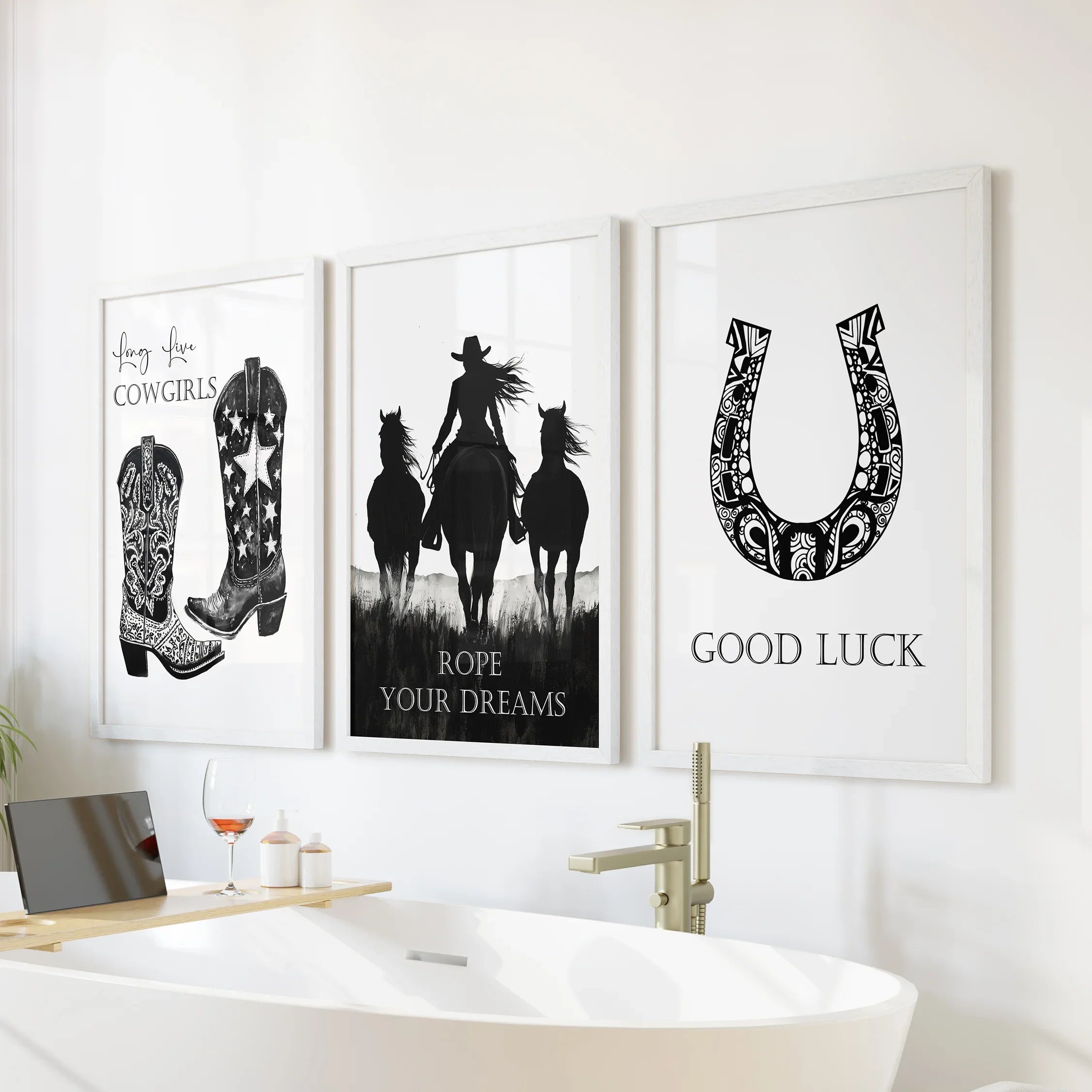 Black White Western Cowgirl 3 Piece Art. Boots, Horseshoe