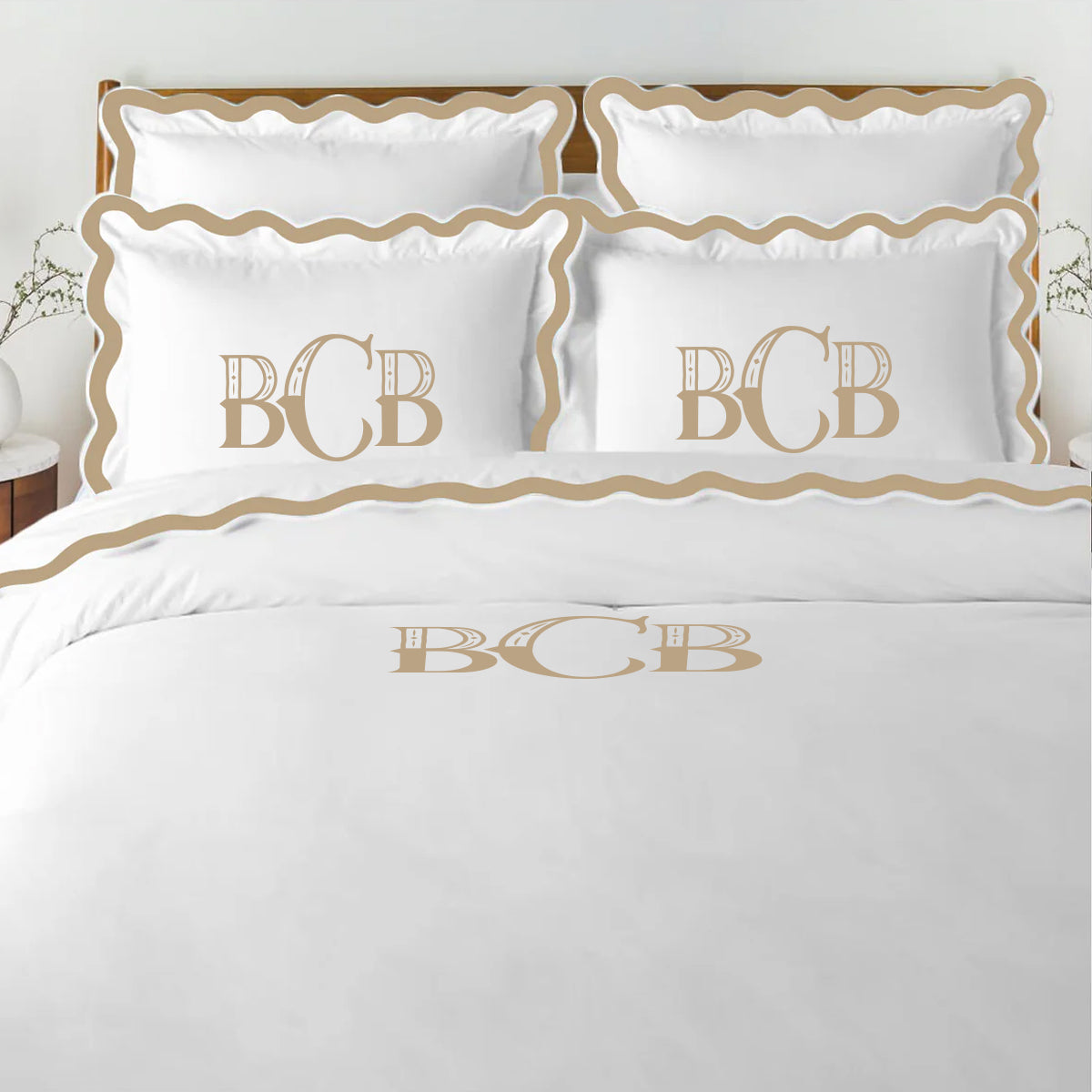 Monogram 400TC Applique Scalloped Embroidery Cotton Duvet Cover Set