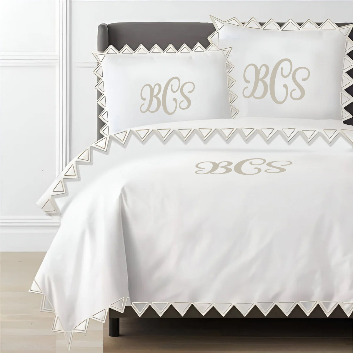 Monogram Ashley 400TC Cotton Traingle Embroidery Sateen Solid Duvet Cover Set